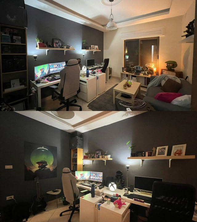 Two images of a room featuring various Xbox and Halo memorabilia.